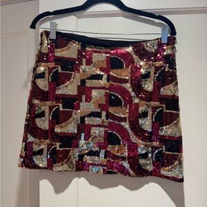 Trina Turk Rico Sequin Mini Skirt Red Gold Black Striped Size 8 Holiday Party